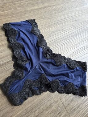 Vintage Victoria's Secret Navy Satin Cheeky Panty with Black Lace Trim. Small